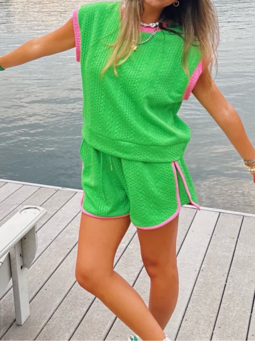 Green and Pink Contrast Trim Cable Textured Shorts Set